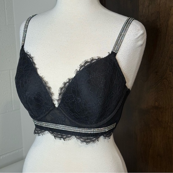 NWOT Victoria's Secret Black Lace Bra with Adjustable Rhinestone Straps 34E 34DD - Picture 2 of 12